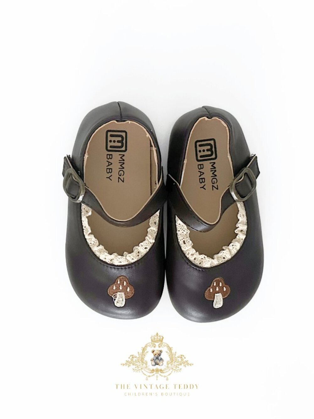NWT Pretty Girls Embroidered Mary Jane Flats Children's Shoes Mushroom Brown 6.5